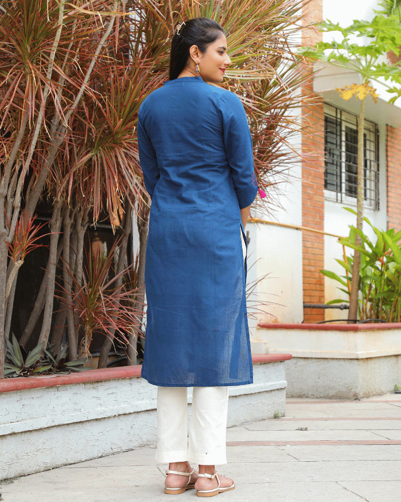 Blue Mandarin Collar Kurta back view