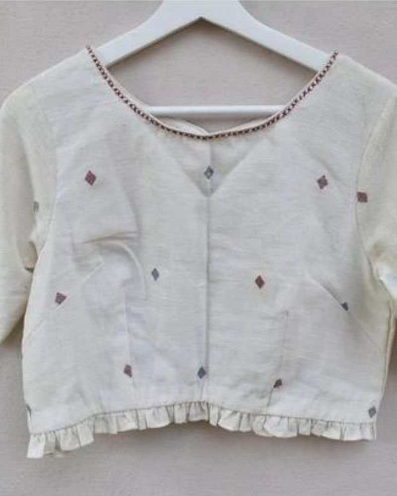 Lotus motif offwhite jamdani croptop blouse with sleeves