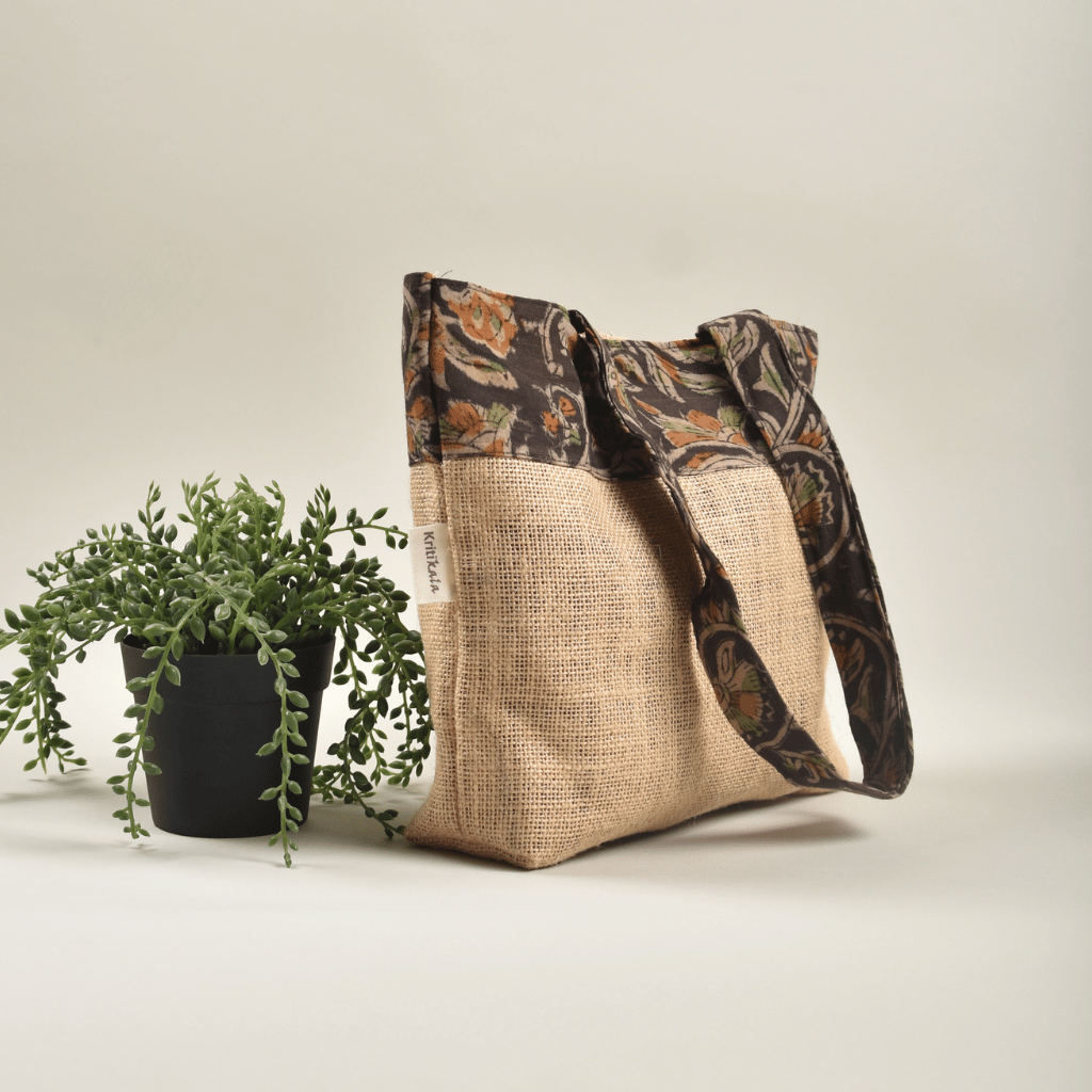 Soft jute tambulam or gift bag with black Kalamakri print