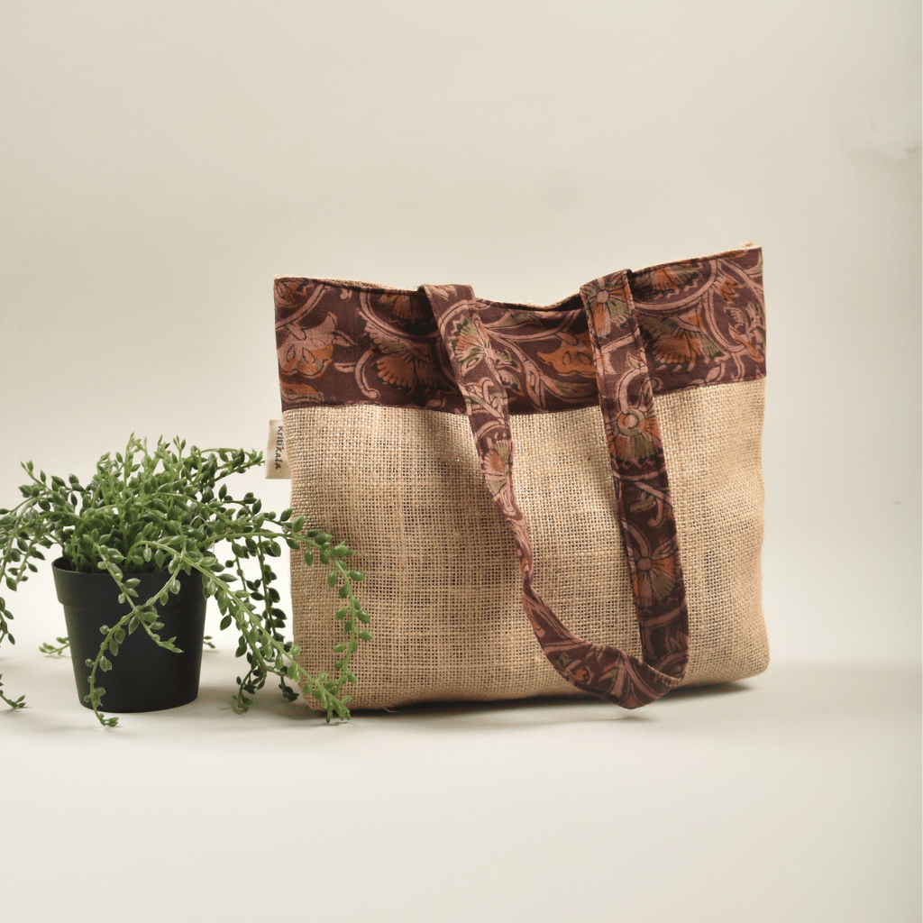 Soft jute tambulam or gift bag with brown Kalamakri print