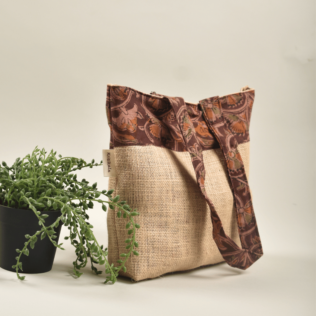 Soft jute tambulam or gift bag with brown Kalamakri print