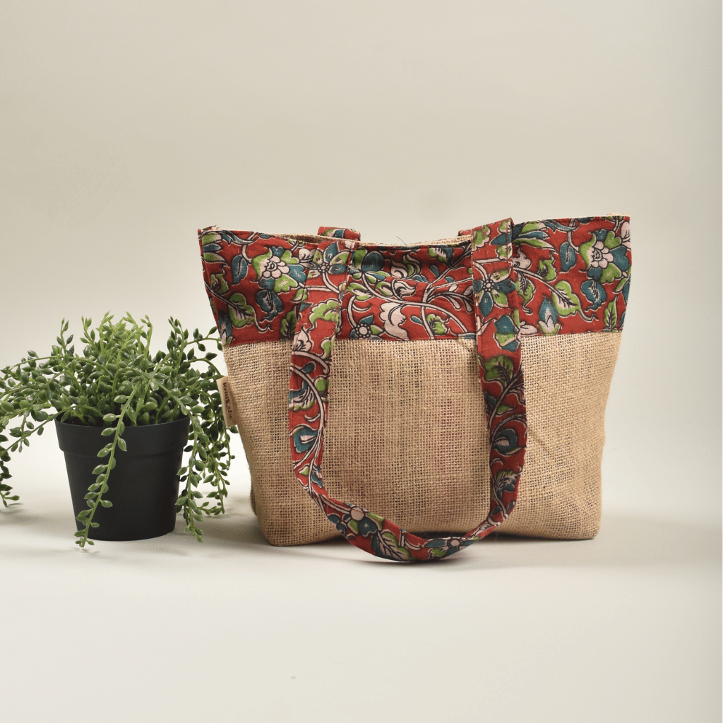 Soft jute tambulam or gift bag with red & green Kalamakri print