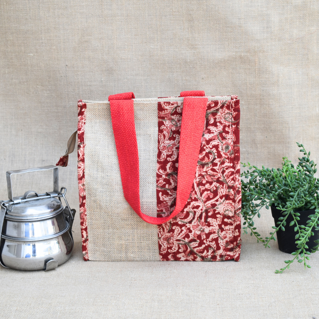 Red kalamkari and jute lunch bag