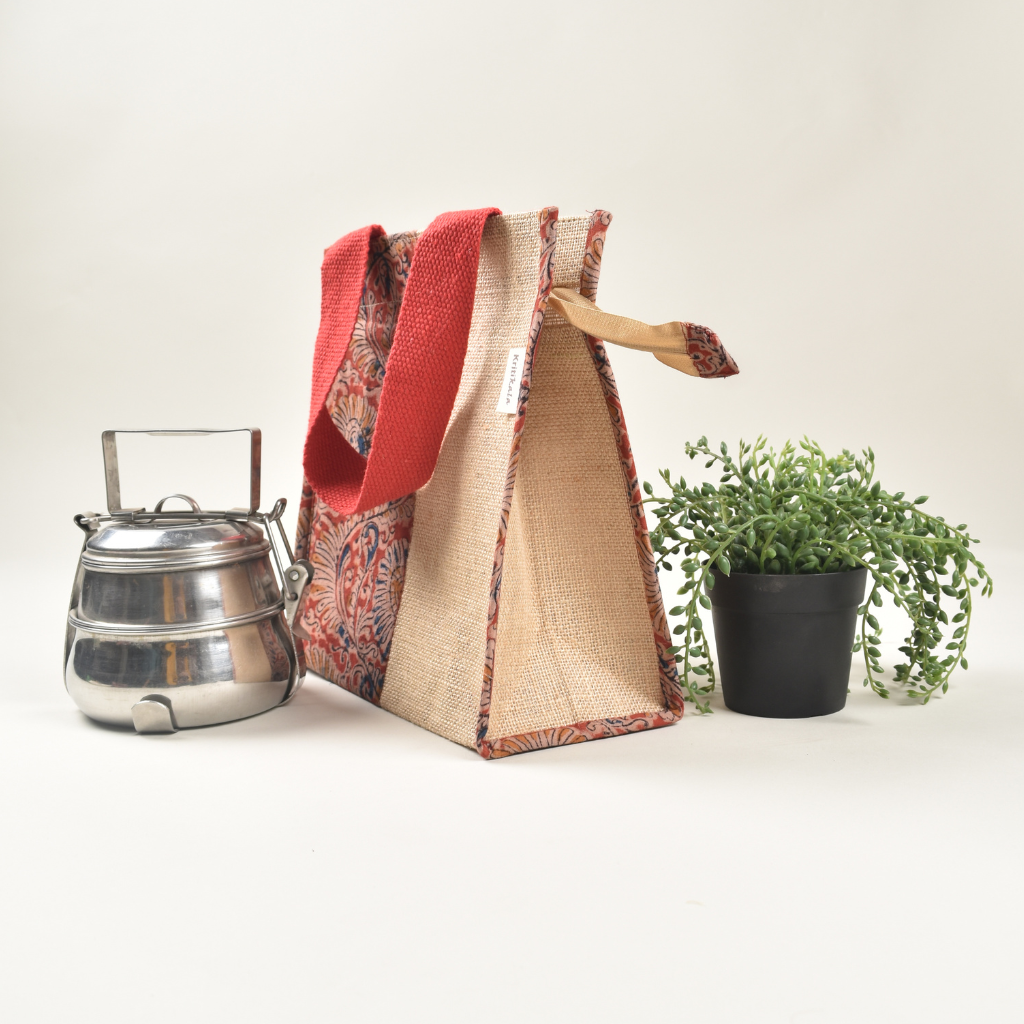 Red kalamkari & jute lunch bag - side