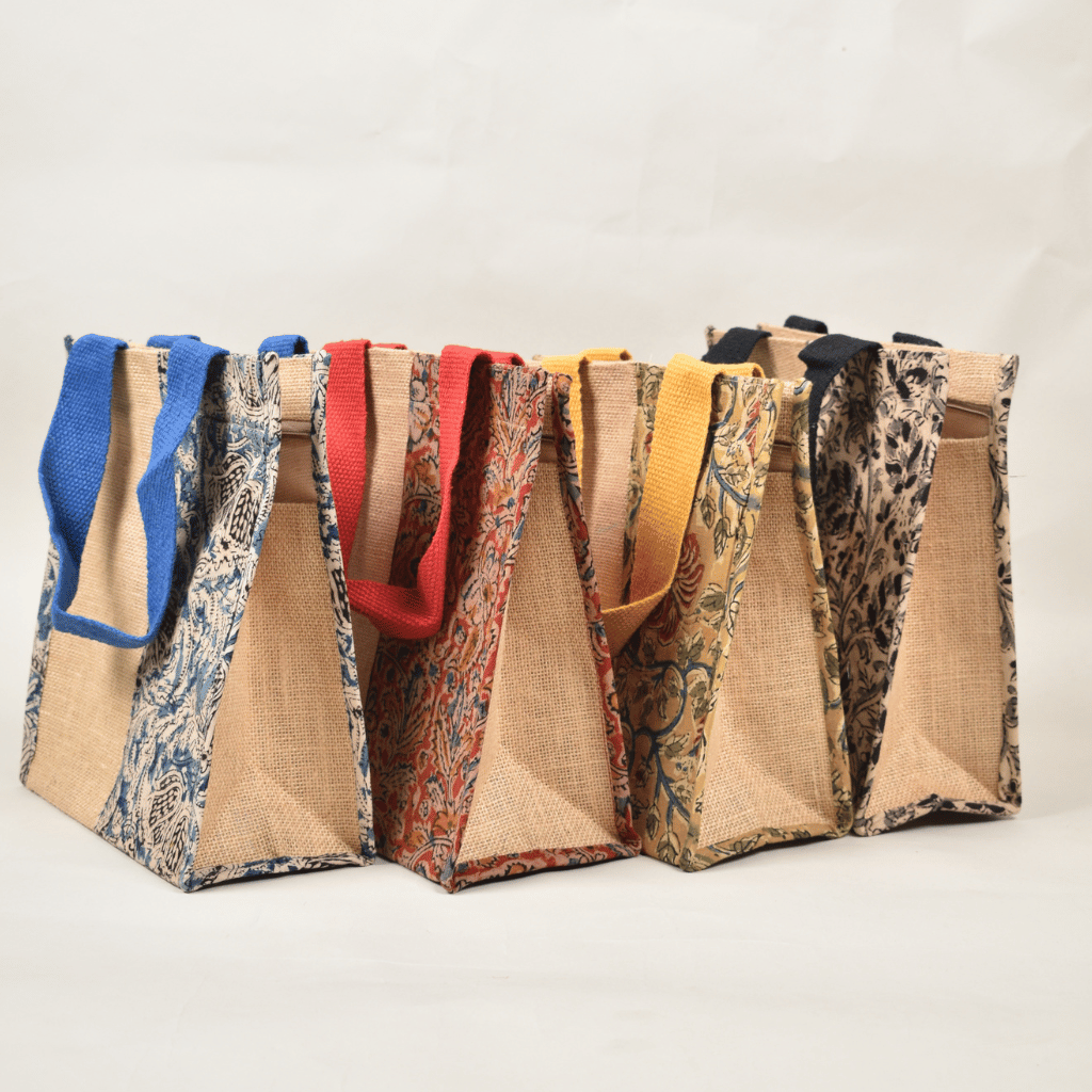 Jute and kalamkari lunch bags