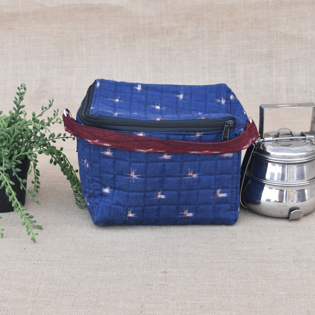 Blue ikat lunch bag - front