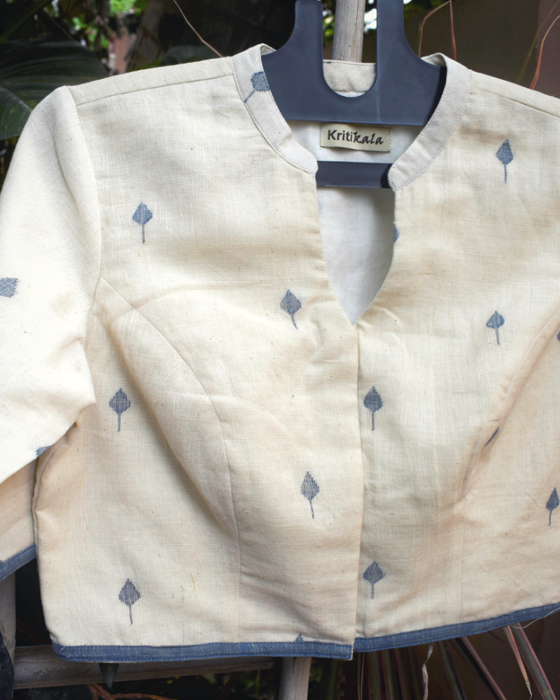Mandarin collar embroidered blouse in khadi cotton