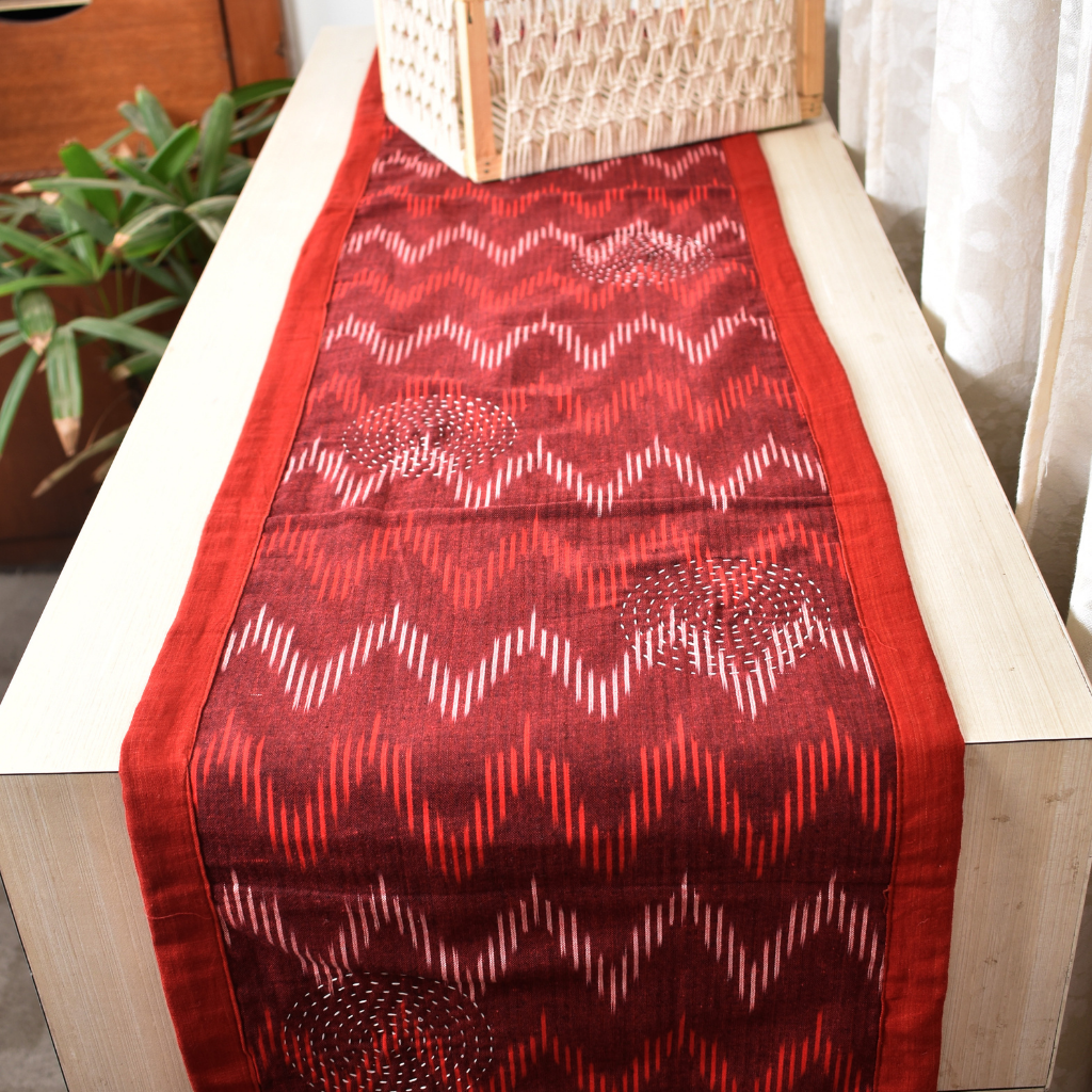 Maroon and Black ikat reversible table runner with kantha embroidery