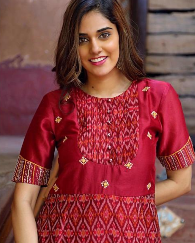 Maroon chanderi and SICO ikat gown with hand embroidery