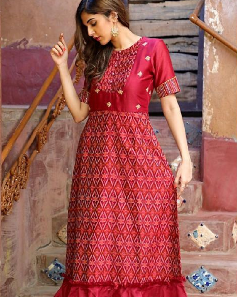Maroon chanderi and SICO ikat gown with hand embroidery