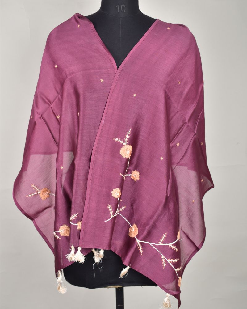 Maroon chanderi silk stole with hand embroidery