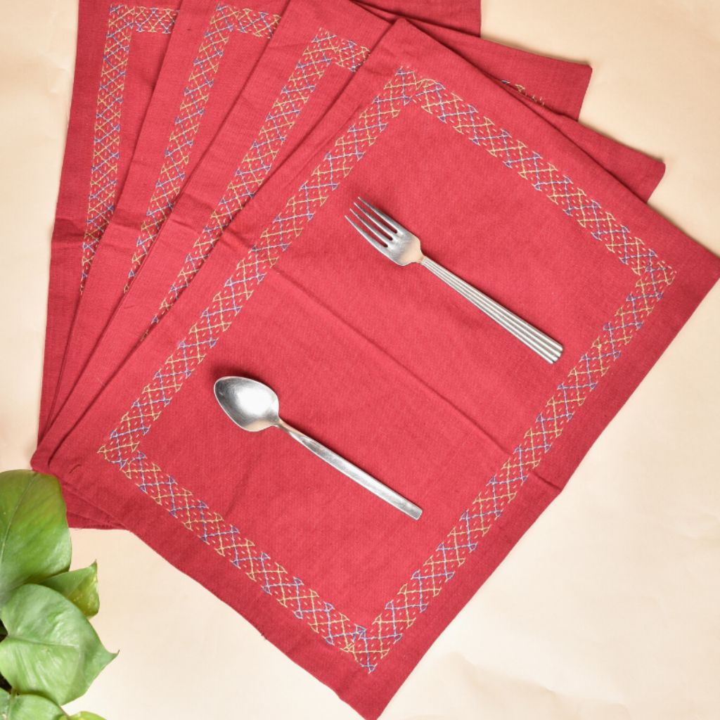 Maroon cotton embroidered table Mats