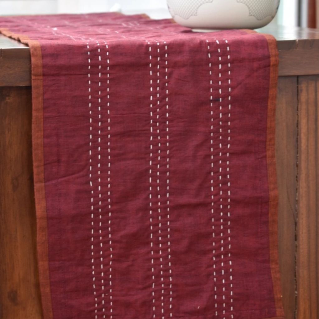 Maroon ikat reversible table runner with kantha embroidery
