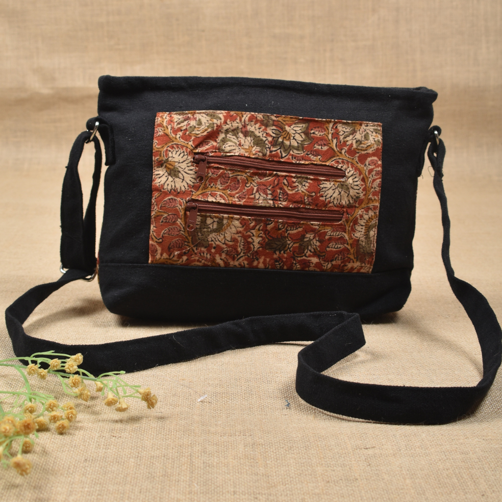 Multi Pocket Canvas Purse With Red Kalamkari Fabric
