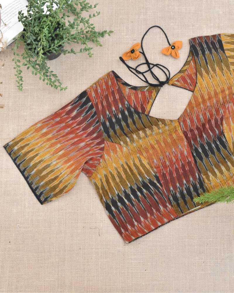 Multicolor Ikat blouse with flower tassels