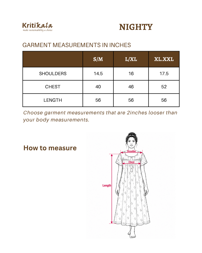 Red Kalamkari Nightwear size chart