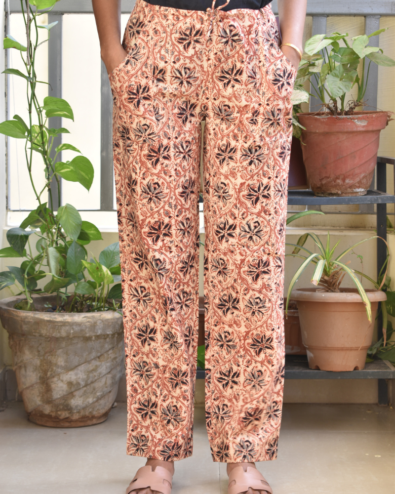 Narrow Fit Pants in Beige  Kalamkari Cotton