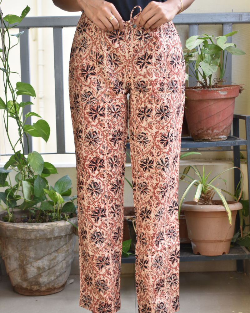 Narrow Fit Pants in Beige  Kalamkari Cotton