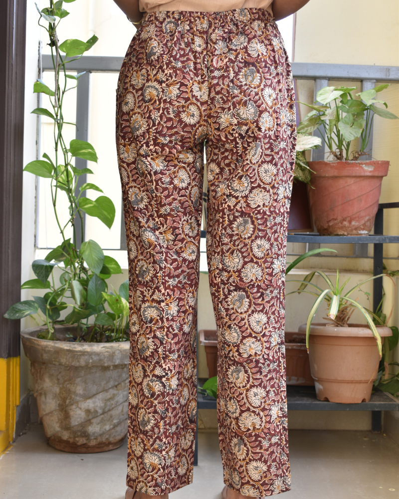 Narrow Fit Pants in Brown Kalamkari Cotton