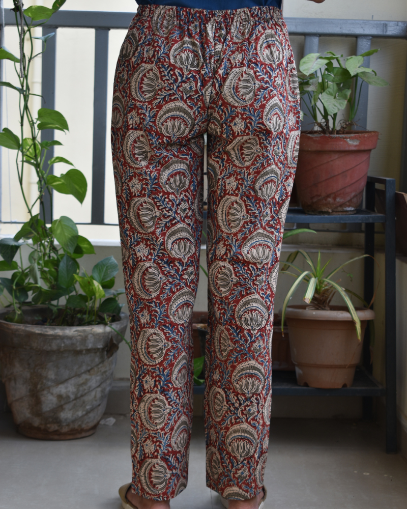 Narrow Fit Pants in Red  Kalamkari Cotton