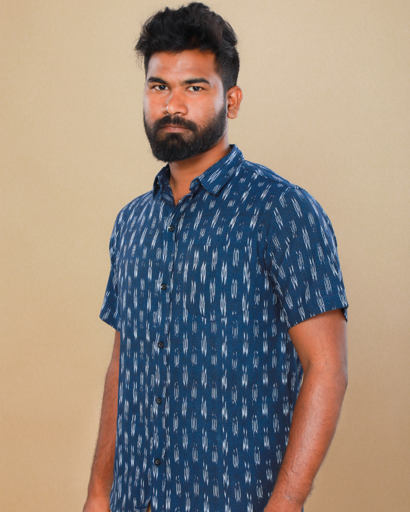 Navy Blue Casual Mens Shirt In Ikat cotton