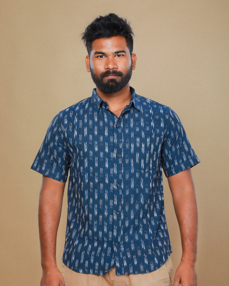 Navy Blue Casual Mens Shirt In Ikat cotton