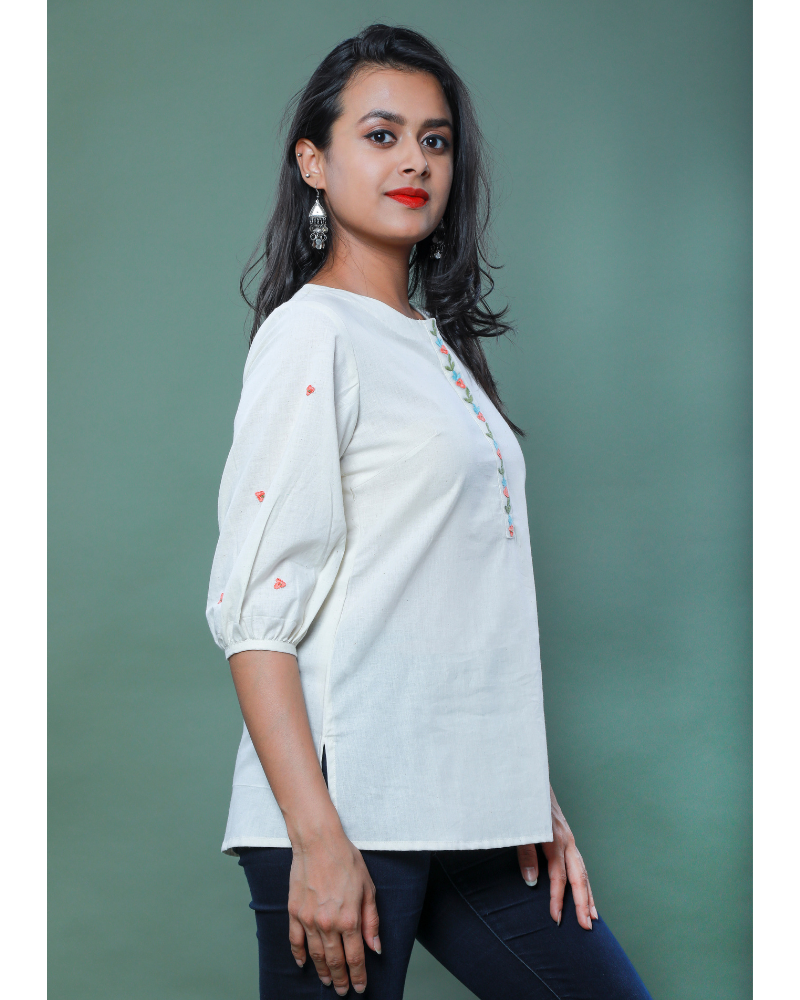 OFFWHITE TUNIC WITH EMBROIDERED PLACKET