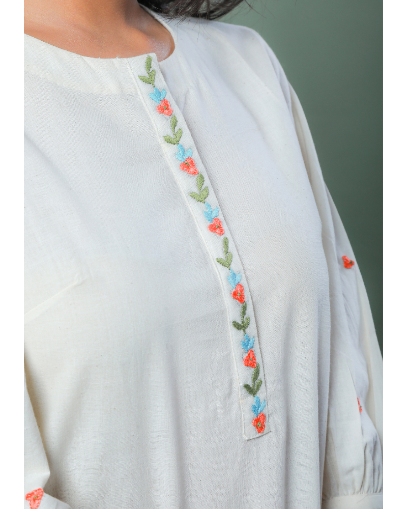 OFFWHITE TUNIC WITH EMBROIDERED PLACKET