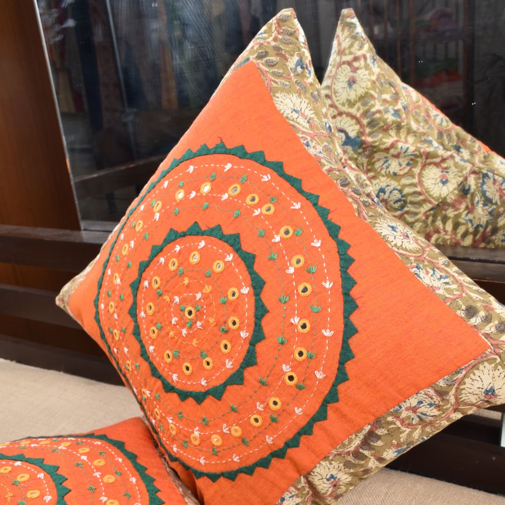Orange Kalamkari Embroidered Cushion Cover With Mirror work