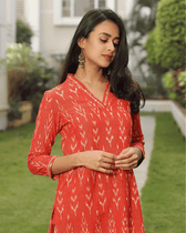 Orange Ikat Overlapped V Collar Kurta - sleeves