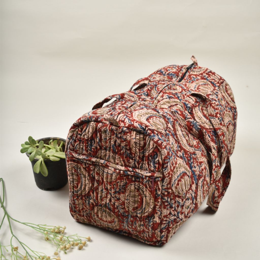 Overnight Duffel Bag In Red Kalamkari Cotton