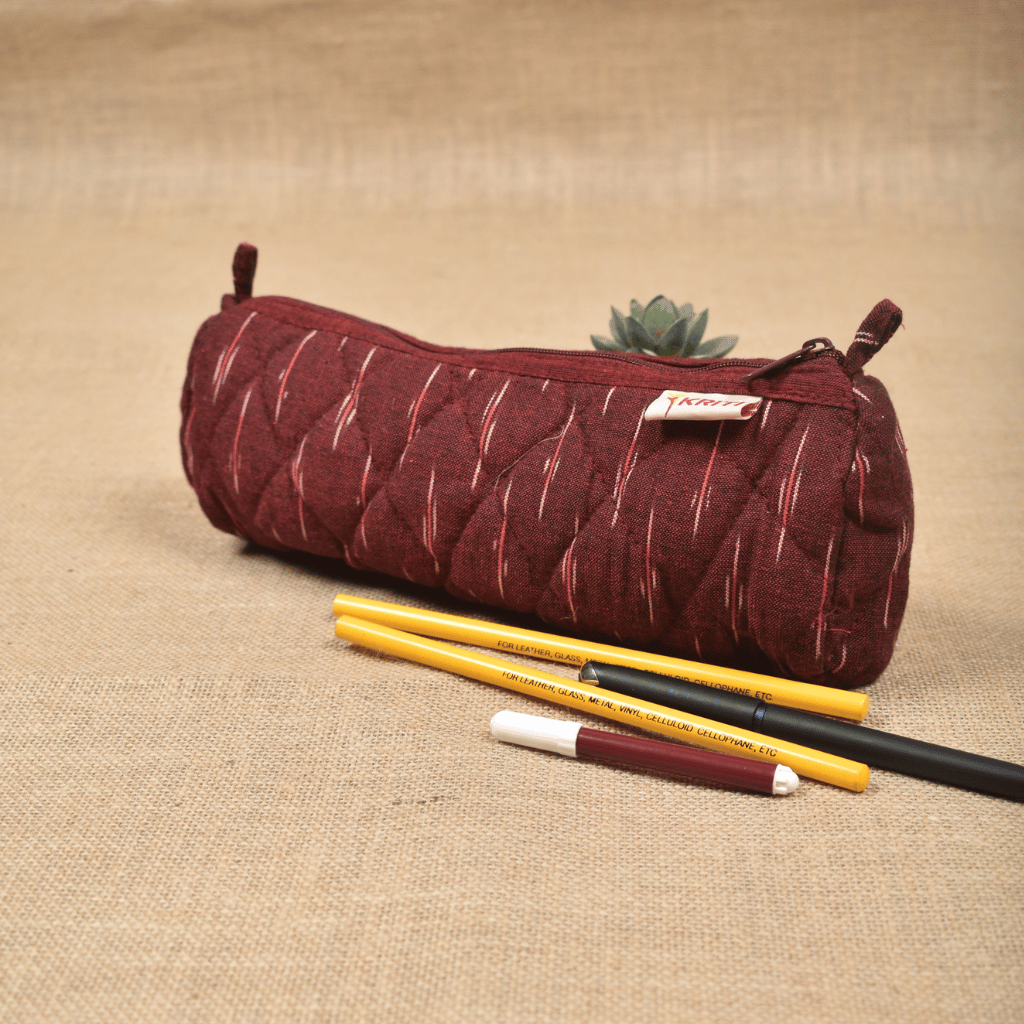 Maroon Ikat round quilted case - side