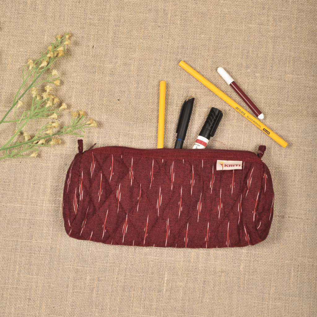Maroon Ikat round quilted case - Flat