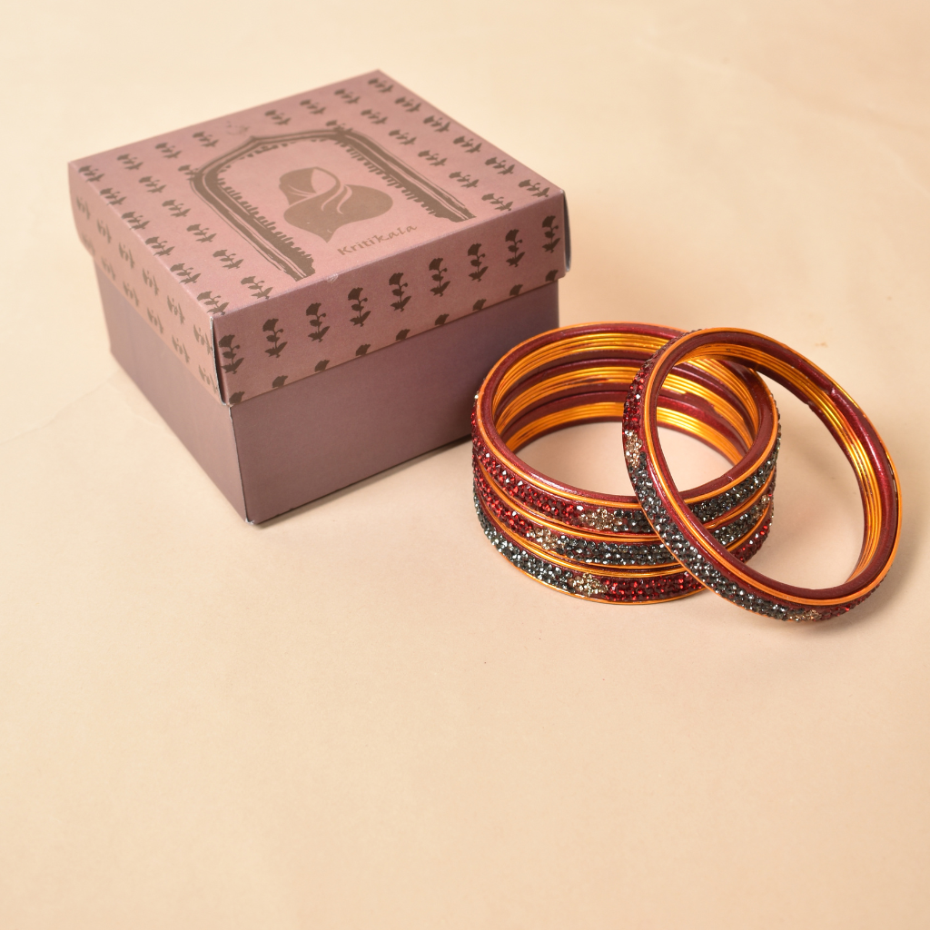 Pair of red & black 3 line stoned lac bangles - glittery stones