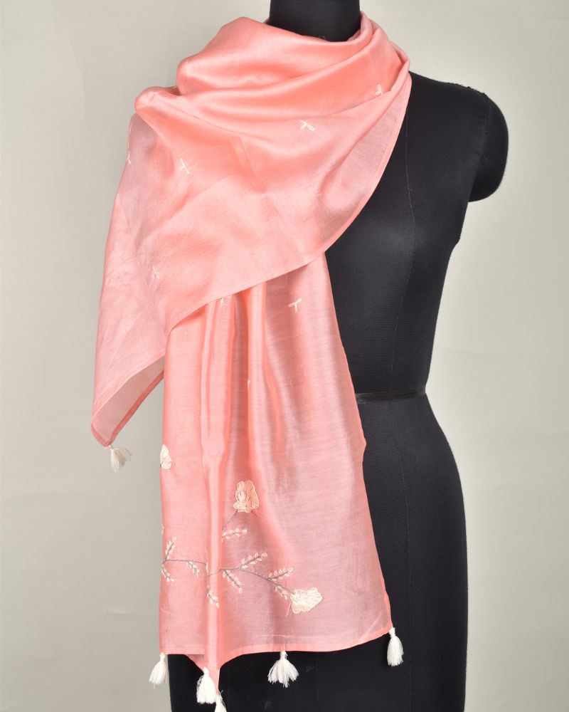 Peach chanderi silk stole with hand embroidery