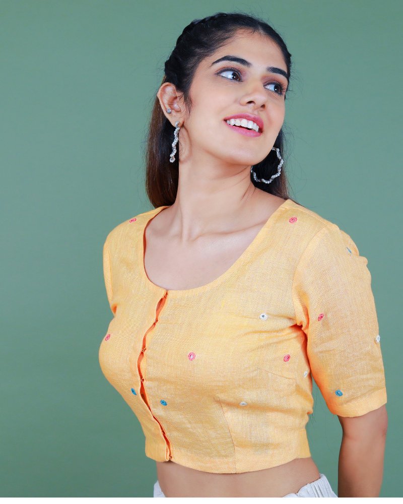 Peach linen blouse with mirror embroidery