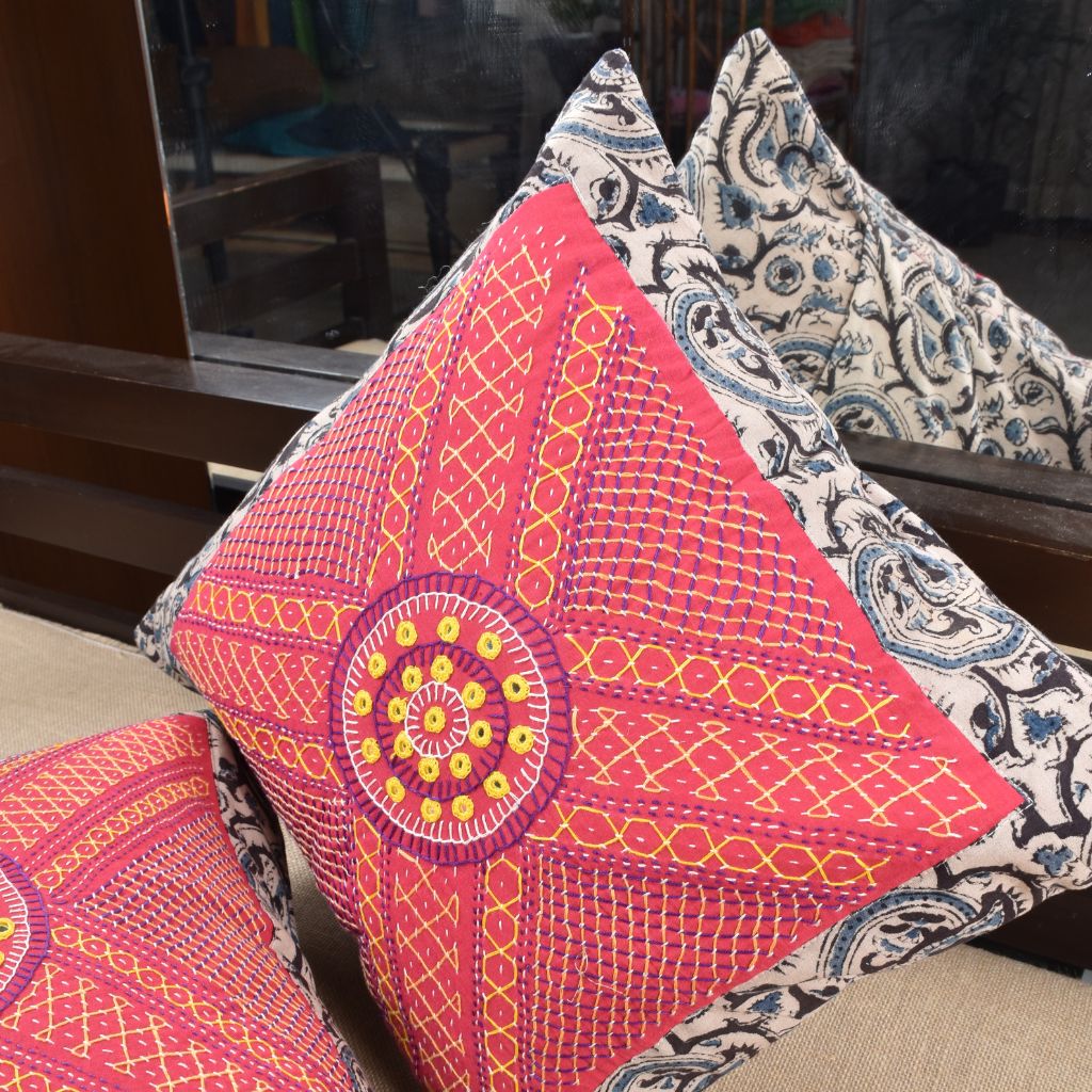 Pink Kalamkari Embroidered Cushion Cover With Mirror work