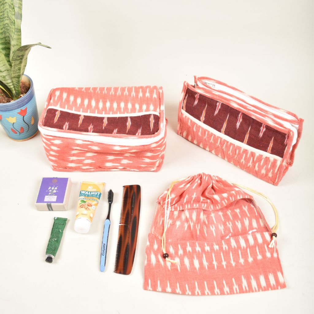 Pink ikat travel set with toiletry pouch, shoe bag and undergarment bag