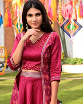 Purple hand embroidered chanderi and silk ikat lehenga set