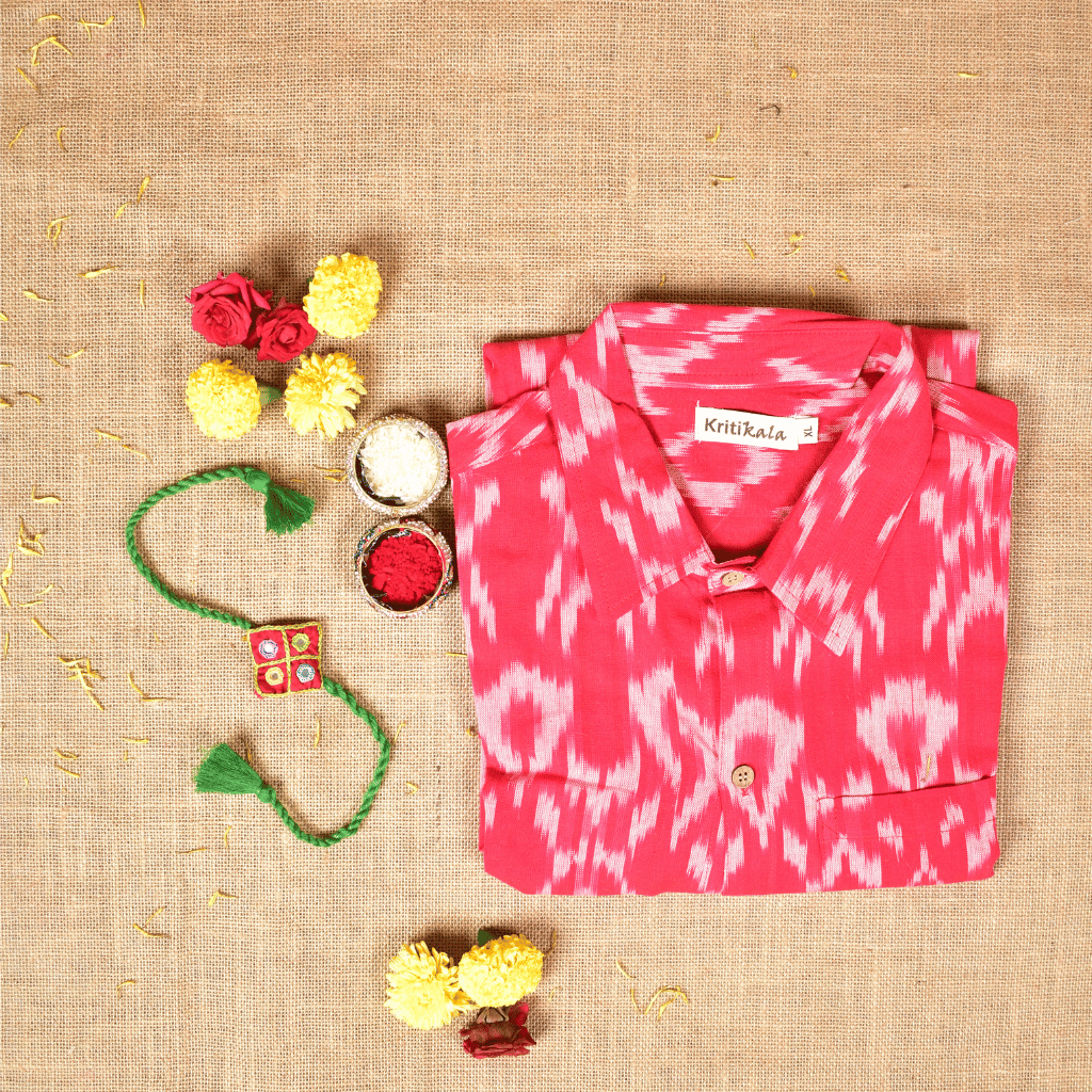 Raksha Bandhan Gift Combo – Handcrafted Red Rakhi with Men's Handloom Cotton Shirt