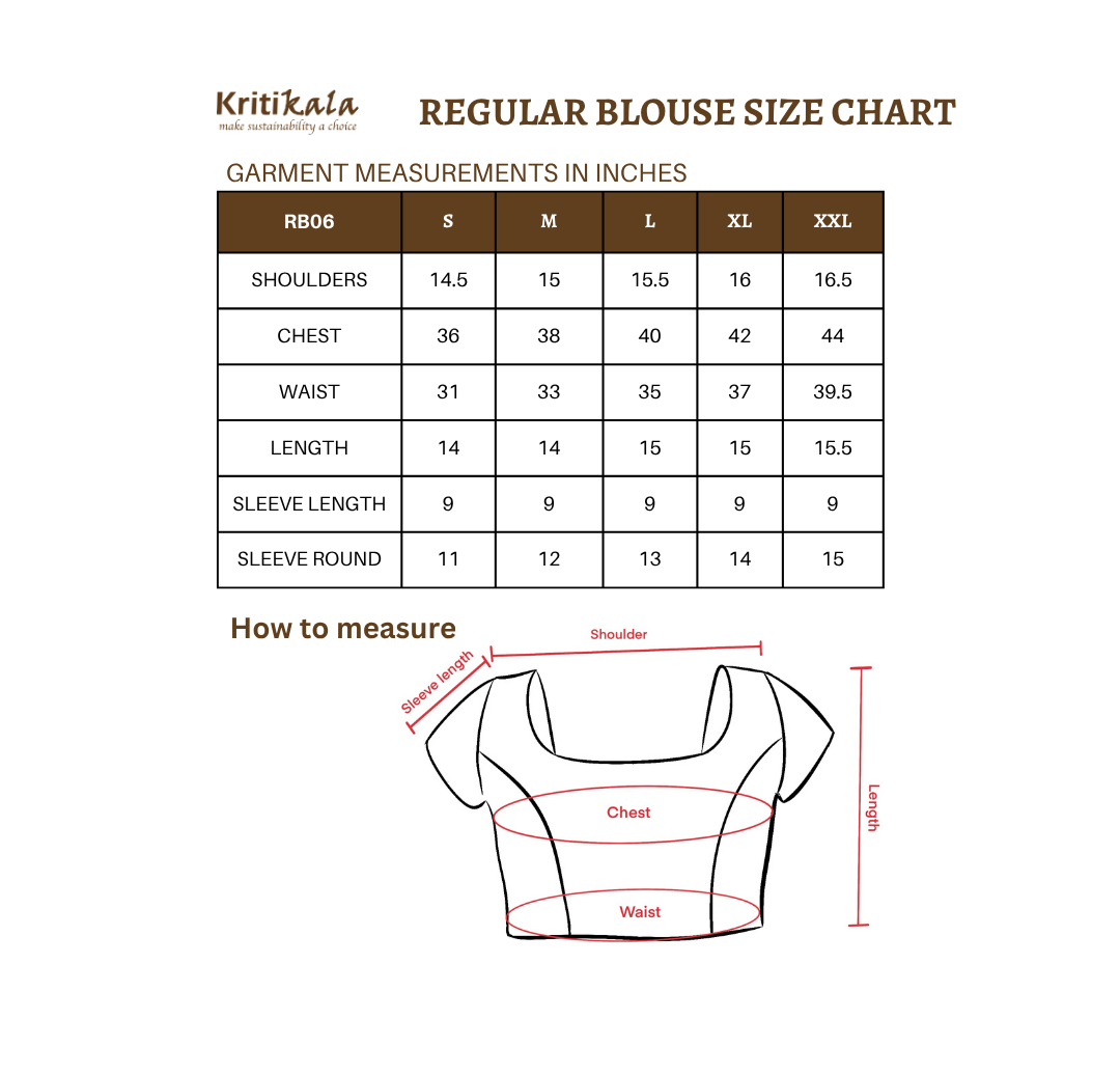 Black Kalamkari Embroidered Blouse size chart