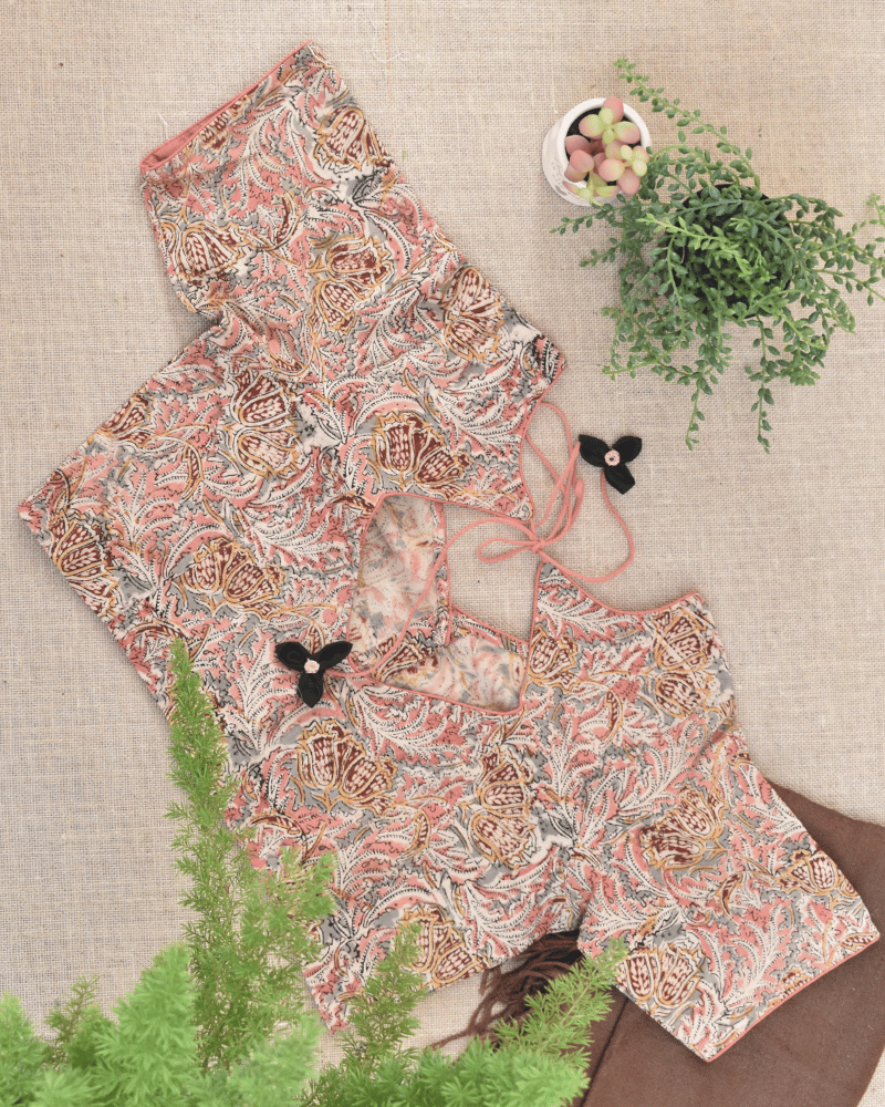 Pink kalamkari blouse with flower tassels -BACK
