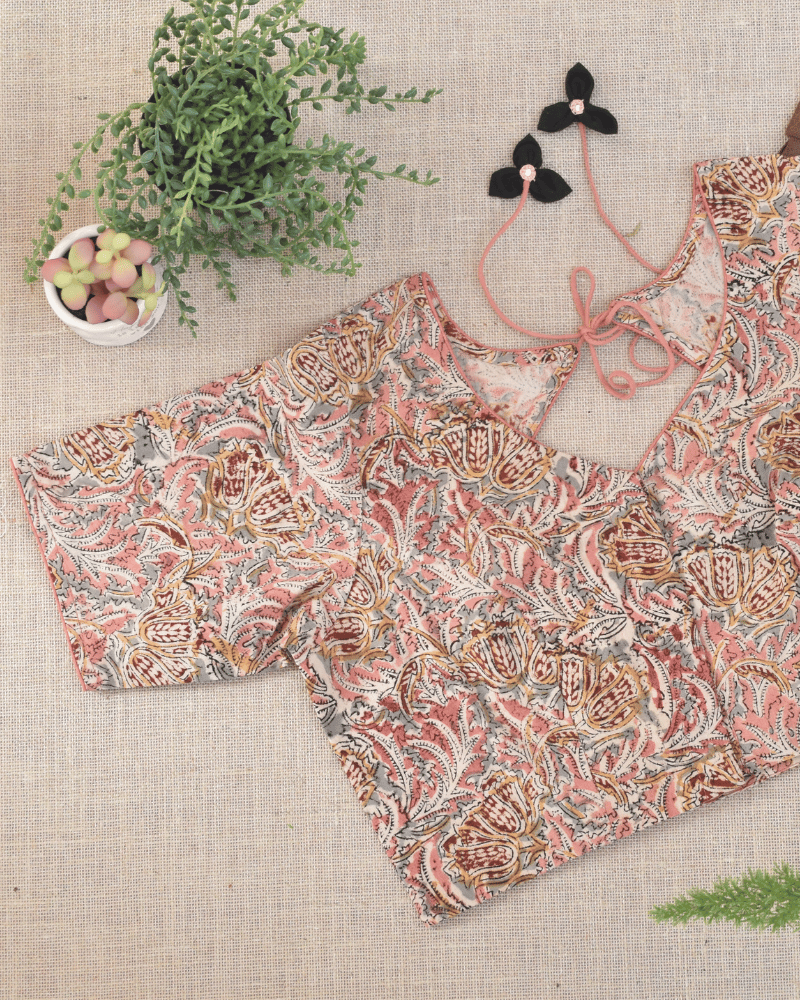 Pink kalamkari blouse with flower tassels - FRONT