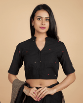 Black Mandarin collar embroidered blouse in khadi cotton - front