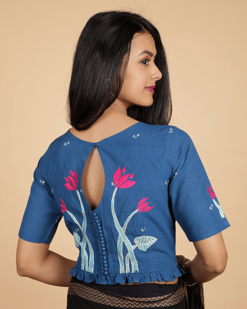 Lotus motif blue jamdani croptop blouse with sleeves - embroidery