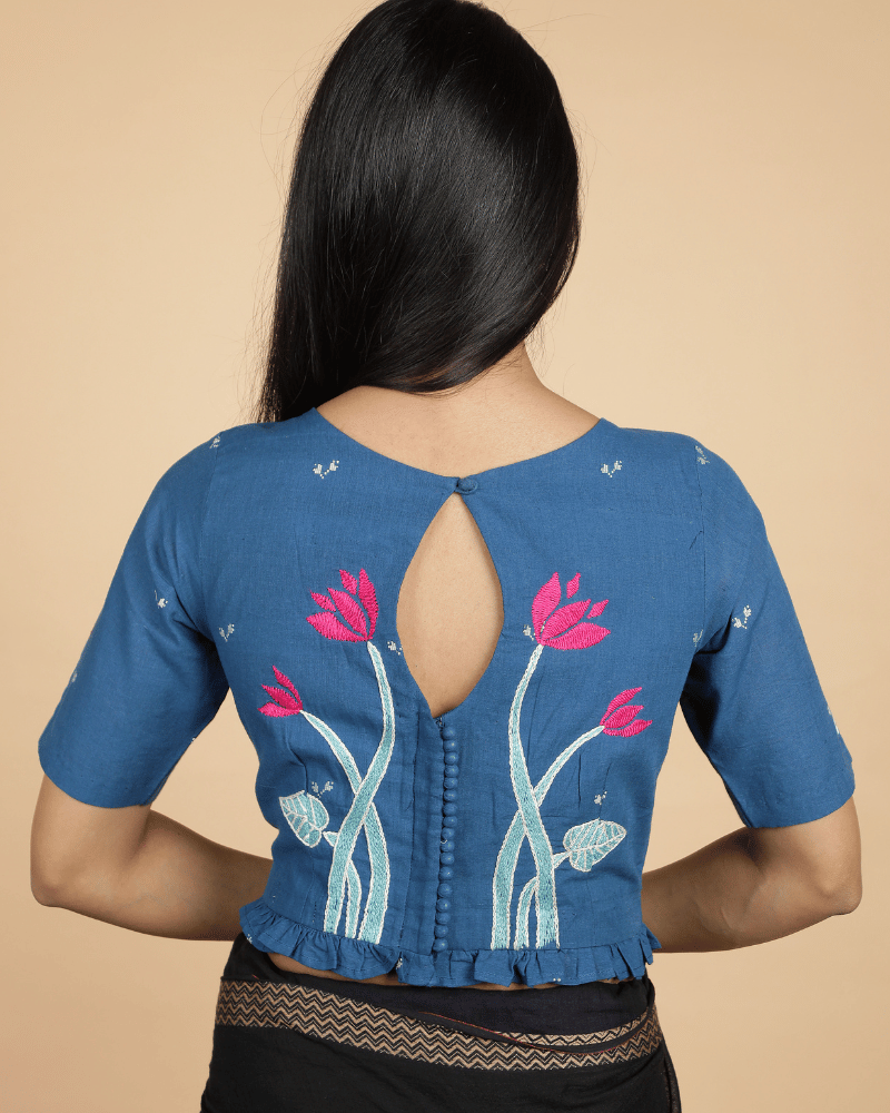 Lotus motif blue jamdani croptop blouse with sleeves - back