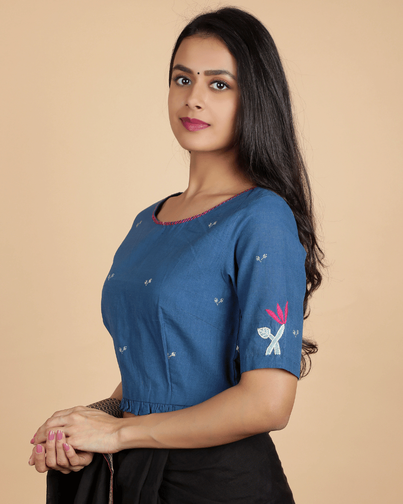 Lotus motif blue jamdani croptop blouse with sleeves - sleeve