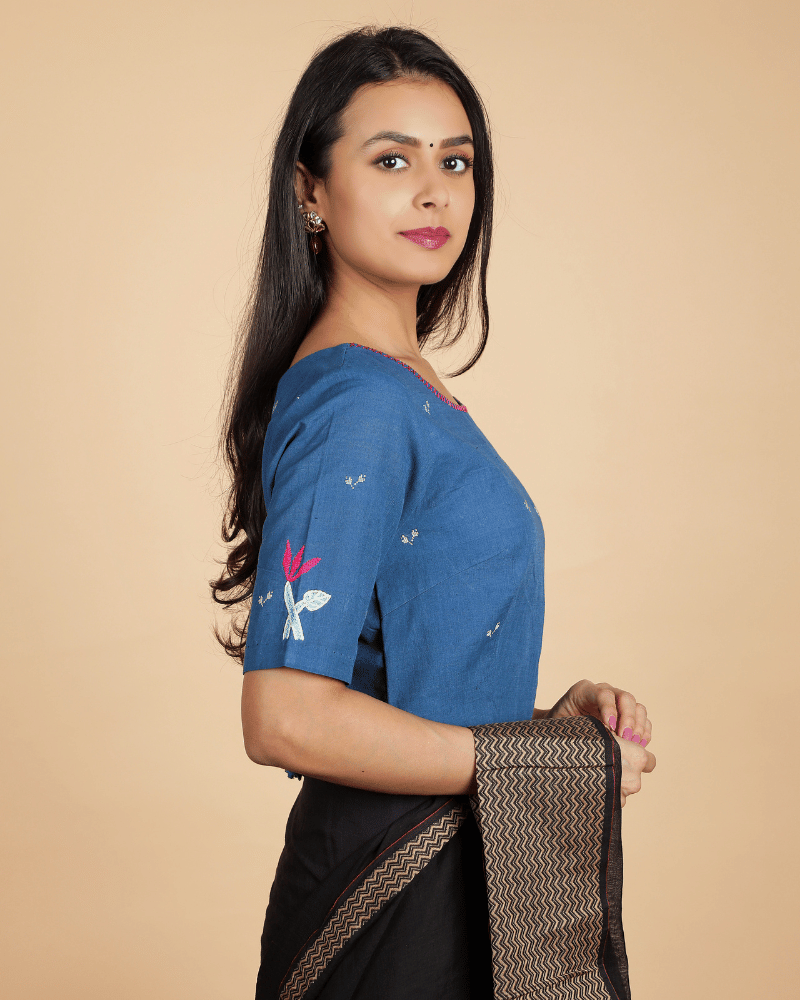 Lotus motif blue jamdani croptop blouse with sleeves