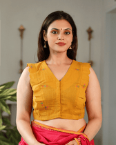 Yellow Cotton Sleeveless Embroidery Blouse with V-Neck - front