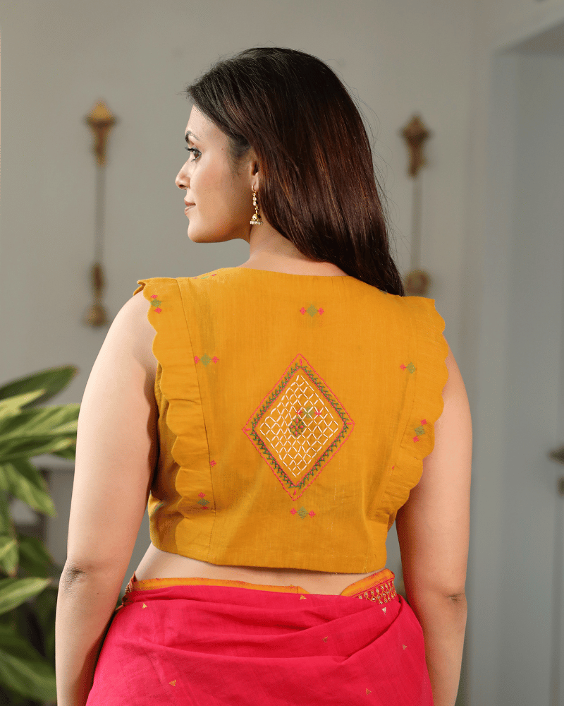 Yellow Cotton Sleeveless Embroidery Blouse with V-Neck - back